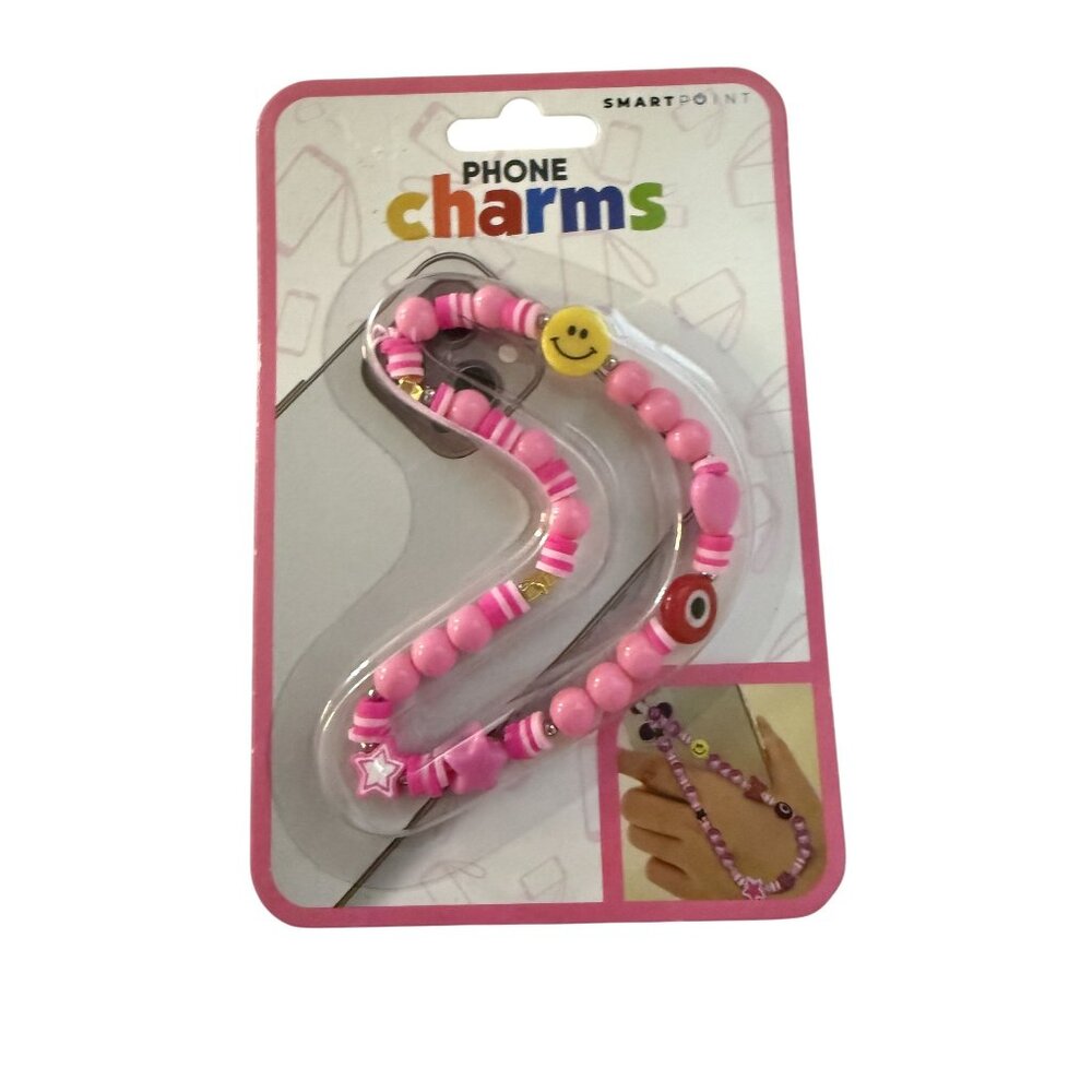 Beaded Pink Phone Charm Wrist Strap With Smiley & Star Accents
